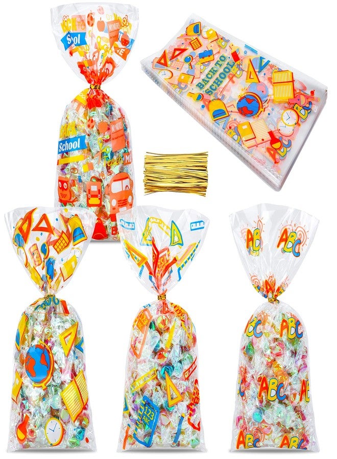 Konsait 100pcs Back to School Party Cellophane Bags, Clear Candy Cookie Treat Bags with Twist Ties for Bakery Biscuit Chocolate Snacks,Holiday Goody Bags, Back to School Party Favors Supplies - Image 1